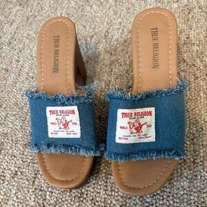 True Religion Thick Wedge Heel Frayed Denim
